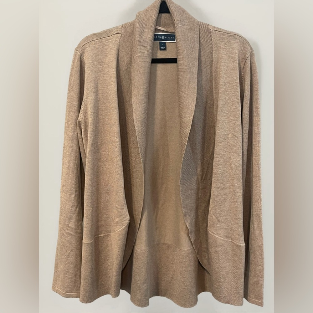 Karen Scott large open shawl collar ribbed close knit long cardigan sweater